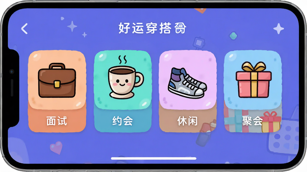 好运穿搭App场合选择页面,屏幕上显示多个场景图标,包括公文包代表面试、咖啡杯代表约会、运动鞋代表休闲、礼物盒代表聚会,每个图标下方有对应文字,界面色彩活泼但不刺眼,风格卡通简约,画质清晰,无多余元素