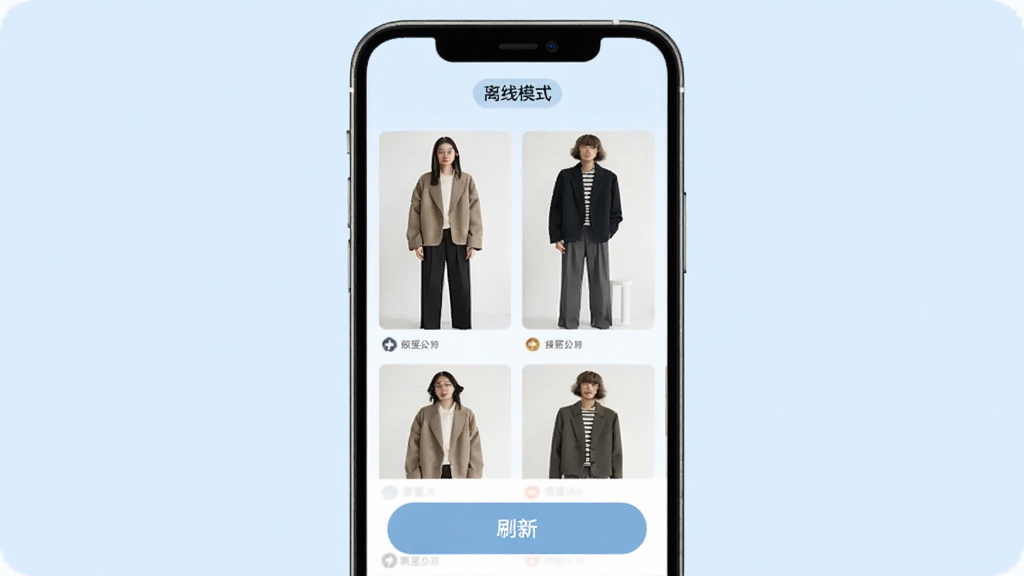 手机屏幕显示好运穿搭App在无网络状态下的搭配页面,屏幕顶部有