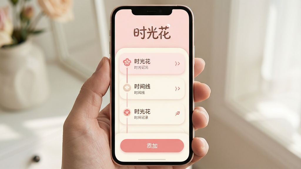 一张展示手机屏幕的画面,屏幕中央是“时光花”App的主界面,界面设计简洁清新,以浅粉色和米白色为主色调,顶部有“时光花”艺术字体Logo,中间是卡片式的时间线记录列表,底部有添加按钮。整体布局干净,风格温馨治愈,细节圆润,画质清晰,无多余元素。