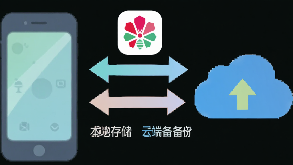 一张信息图风格的画面,左侧是手机图标,右侧是云朵图标,中间有双向箭头连接,箭头上方有“时光花”Logo,下方有“本地存储”和“云端备份”文字。整体风格扁平化,配色清新,布局清晰,画质干净,无多余元素。