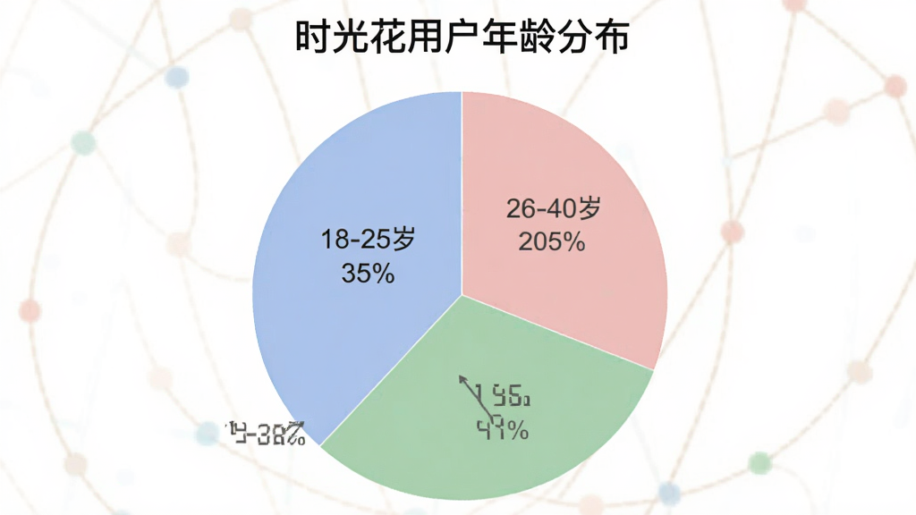一张饼状图,标题为“时光花用户年龄分布”,饼图分为三块,分别标注“18-25岁 35%”、“26-40岁 40%”、“41-60岁 25%”,配色使用柔和的蓝、粉、绿,图表风格简洁现代,画质清晰,无多余元素。