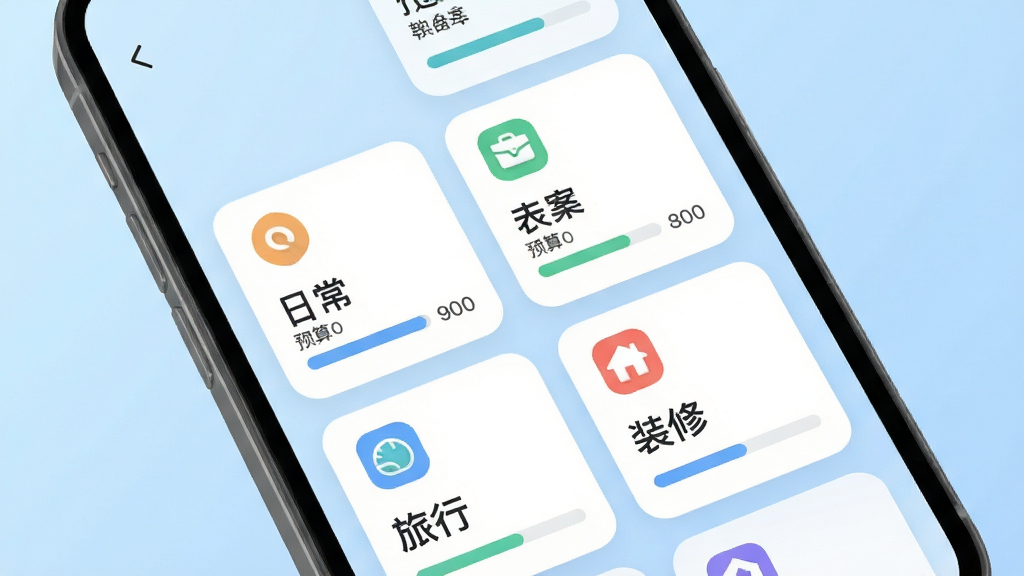 小账本应用的多账本管理界面截图,画面展示手机屏幕内多个账本卡片以网格排列,每个卡片上有不同图标和名称如日常、旅行、装修,卡片下方有预算进度条,背景为柔和的浅蓝色渐变,风格现代扁平,细节圆润,画质干净,无多余元素