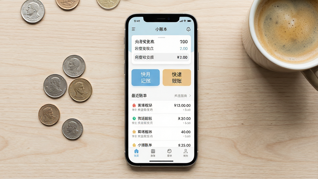 一张手机屏幕展示小账本App的主界面,画面中央是手机正视图,屏幕内显示小账本应用界面,顶部有月度收支汇总卡片,中间是快捷记账按钮和最近账单列表,底部是四个导航标签,背景是浅色木纹桌面,旁边散落几枚硬币和一杯咖啡,风格清新简约,细节清晰,画质干净,无多余元素