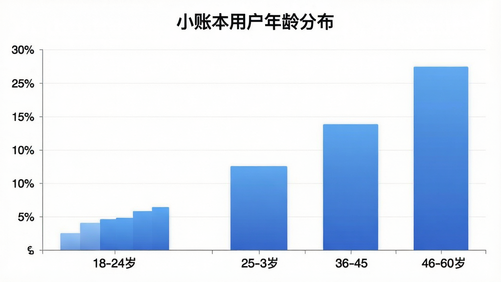 一张柱状图展示小账本用户年龄分布,横轴为年龄段18-24岁、25-35岁、36-45岁、46-60岁,纵轴为用户占比百分比,柱子颜色为蓝色渐变,图表标题为小账本用户年龄分布,背景为白色,风格简洁现代,细节清晰,画质干净,无多余元素