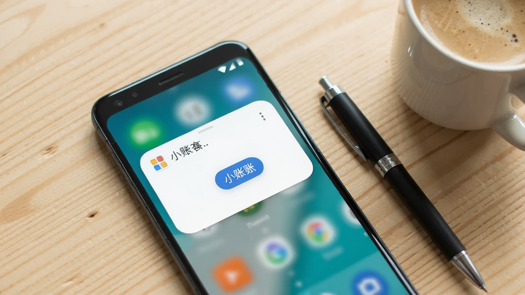 一部安卓手机展示小账本的小组件功能,手机放置在桌面上,屏幕内显示桌面小组件快捷记账按钮,旁边有一支笔和一个咖啡杯,背景是浅色木纹桌面,风格生活化,细节清晰,画质干净,无多余元素