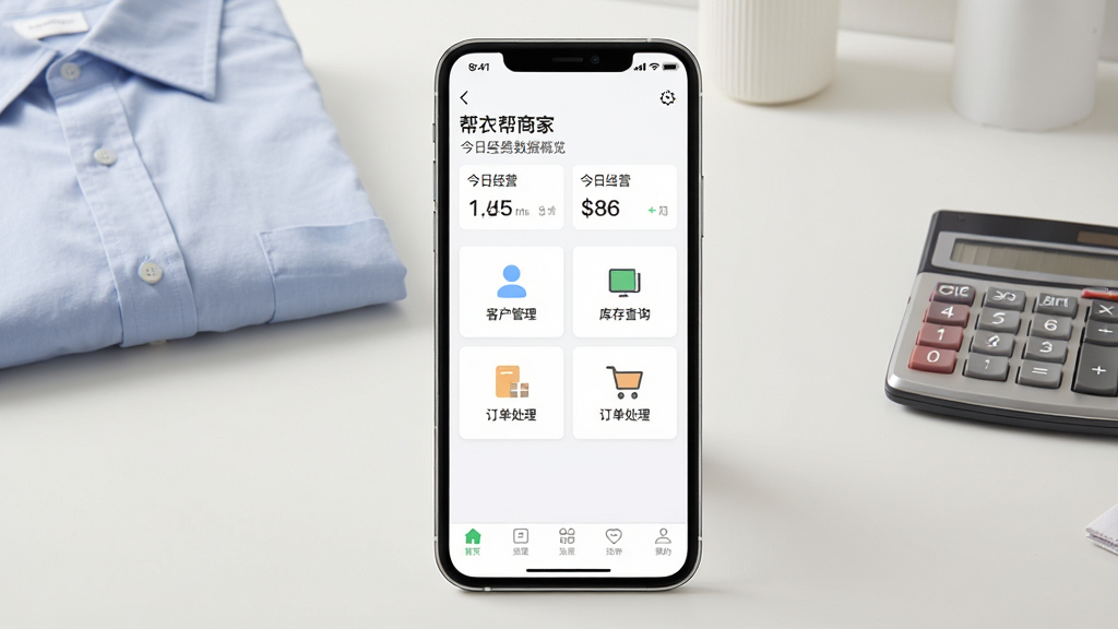 一张展示帮衣帮商家端手机应用主界面的图片,画面中央是一部智能手机,手机屏幕上显示着帮衣帮商家端的应用界面,界面顶部有店铺名称和今日经营数据概览,中间区域排列着客户管理、库存查询、订单处理三个功能卡片图标,底部是导航栏,背景是简洁的浅色工作台环境,旁边放着一件折叠好的衣服和一个小计算器,整体风格现代简约,画质清晰干净,无多余元素