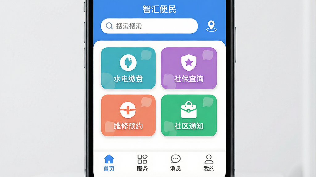 手机屏幕正中央显示“智汇便民”应用主界面,顶部是搜索栏和城市定位图标,中间排列着水电缴费、社保查询、维修预约、社区通知四个彩色功能卡片,底部是首页、服务、消息、我的四个导航按钮,整体采用蓝白配色,界面干净整洁,图标圆润扁平化,画质清晰无多余元素