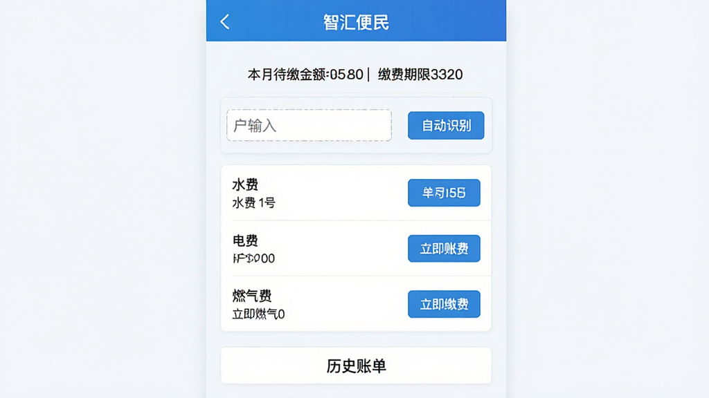 打开“智汇便民”的水电缴费页面,顶部显示本月待缴金额和缴费期限,中间是户号输入框和自动识别按钮,下方列出水费、电费、燃气费三项待缴账单,每项右侧有立即缴费按钮,底部有历史账单入口,界面配色清爽,蓝白主色调,文字标签清晰,画质干净无多余元素