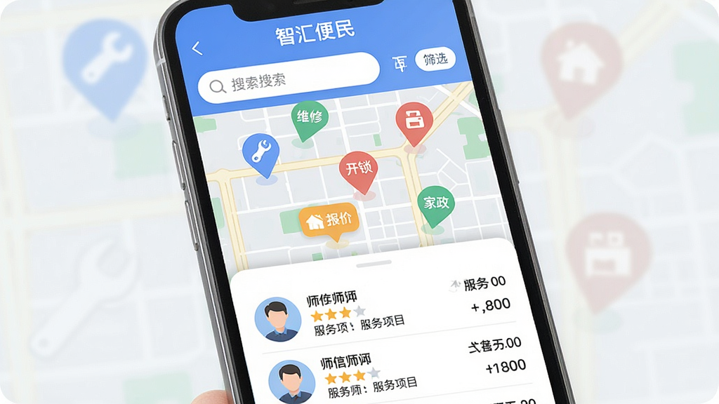 手机屏幕展示“智汇便民”的社区服务地图界面,地图上散布着维修、开锁、家政三种不同颜色的标记点,屏幕下半部分弹出师傅列表,每位师傅显示头像、评分、服务项目和报价,顶部有搜索框和筛选按钮,界面风格现代扁平,细节圆润,画质干净无多余元素
