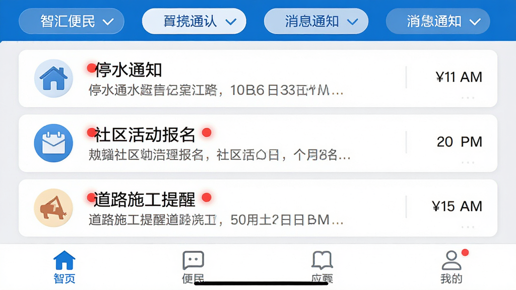 “智汇便民”应用内消息通知界面,列表显示三条通知:停水通知、社区活动报名、道路施工提醒,每条通知左侧有对应图标,右侧显示时间,重要通知带有红色圆点标记,顶部有分类筛选标签,底部导航栏清晰,整体排版整齐,蓝白配色,画质干净无多余元素