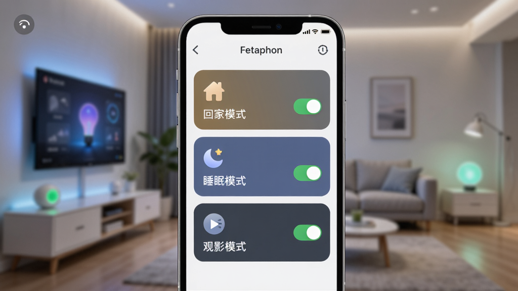 Fetaphon Home ����ģʽ���Զ������ý��棬�ֻ���Ļ����ʾ���������Ƭ�硰�ؼ�ģʽ����˯��ģʽ������Ӱģʽ����ÿ����Ƭ����ͼ��Ϳ���״̬��������ģ�������ܼҾӻ���������ִ��Ƽ��У����������ɾ�
