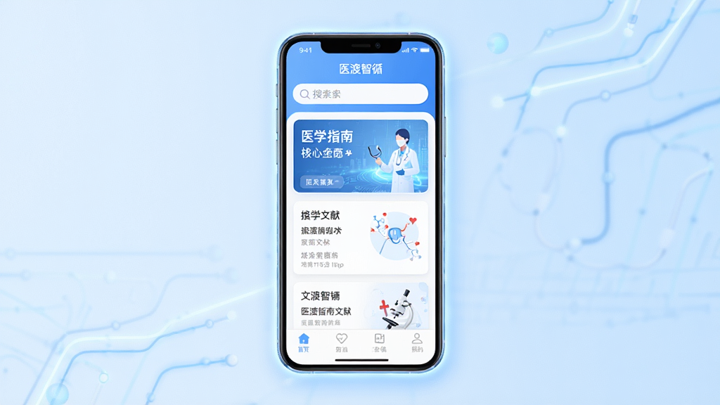 ҽ����ѭ App ����ȫòչʾͼ��������һ�������ֻ����棬����������չʾ��ҽ����ѭ��App ��ҳ�棬�Ű��Ϸ����������м���ҽѧָ�������׿�Ƭ�б����·��ǵײ������������Ϊ�ִ�ҽ�ƿƼ��磬ϸ�����ֻ���Ե����͹��Σ������Ǹɾ���ǳ��ɫ���䣬���ʸ��壬�޶���Ԫ�ء�