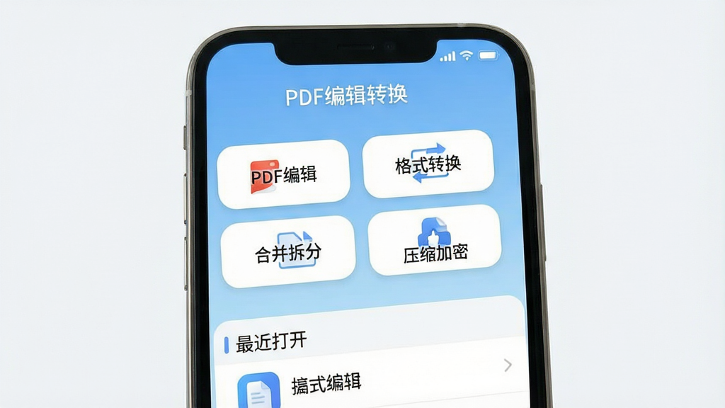 һ���ֻ���ĻչʾPDF�༭ת��Ӧ�õ������棬��������ˬ��������ʾӦ�����ơ�PDF�༭ת�������м��Ǽ�����ť�ֱ�д�š�PDF�༭������ʽת�������ϲ���֡���ѹ�����ܡ���������ǳ��ɫ���䣬�����·�������򿪵��ĵ��б����������ִ���ƽ����ͼ��Բ�󣬻��ʸɾ��޶���Ԫ�أ�������Ⱦ