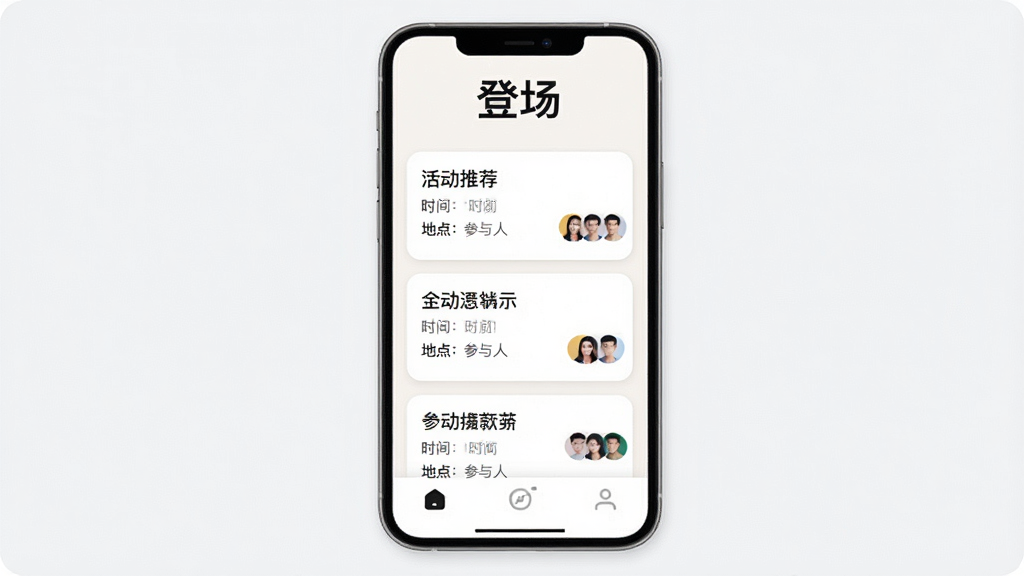 һ���ֻ���Ļչʾ�š��ǳ���App�������棬���������ǳɫϵ��ƣ������С��ǳ�����Logo���֣��м��ǿ�Ƭʽ���ֵĻ�Ƽ��б���ÿ�ſ�Ƭ��ʾ����ơ�ʱ�䡢�ص�Ͳ�����ͷ�񣬵ײ�������������ͼ�꣬�������ִ���Լ��ϸ��Բ�󣬻��ʸɾ��������޶���Ԫ��