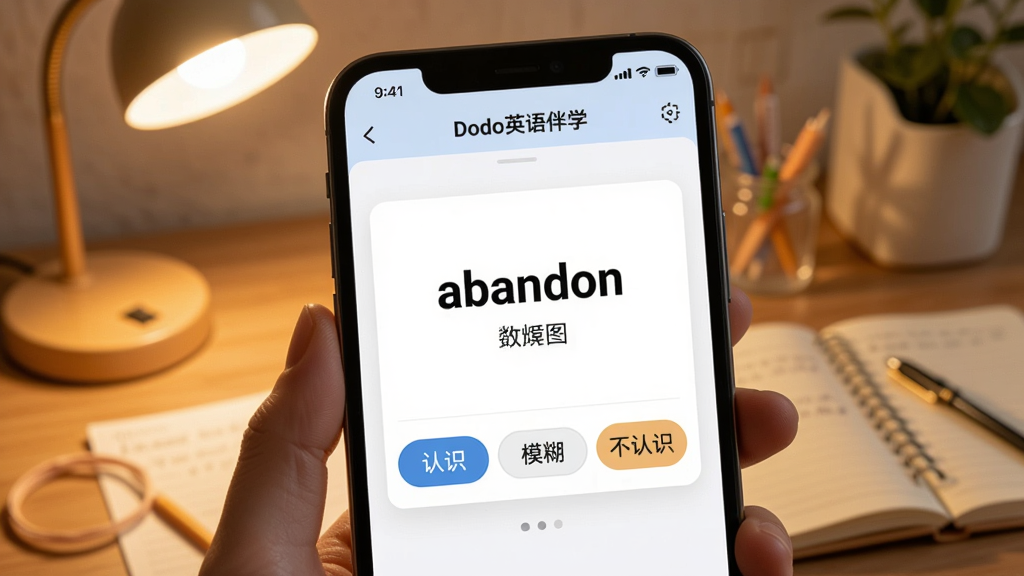 AI��ͼ������չʾ��DodoӢ���ѧ���ı����ʽ��棬�ֻ���Ļ��д����Ļ������һ�ŵ��ʿ�Ƭ������д��Ӣ�ĵ��ʡ�abandon�����������壬��Ƭ�·��С���ʶ����ģ����������ʶ��������ť����������͵�������������̨�ƺͱʼǱ��������ůѧϰ��Χ�������������޶���Ԫ��