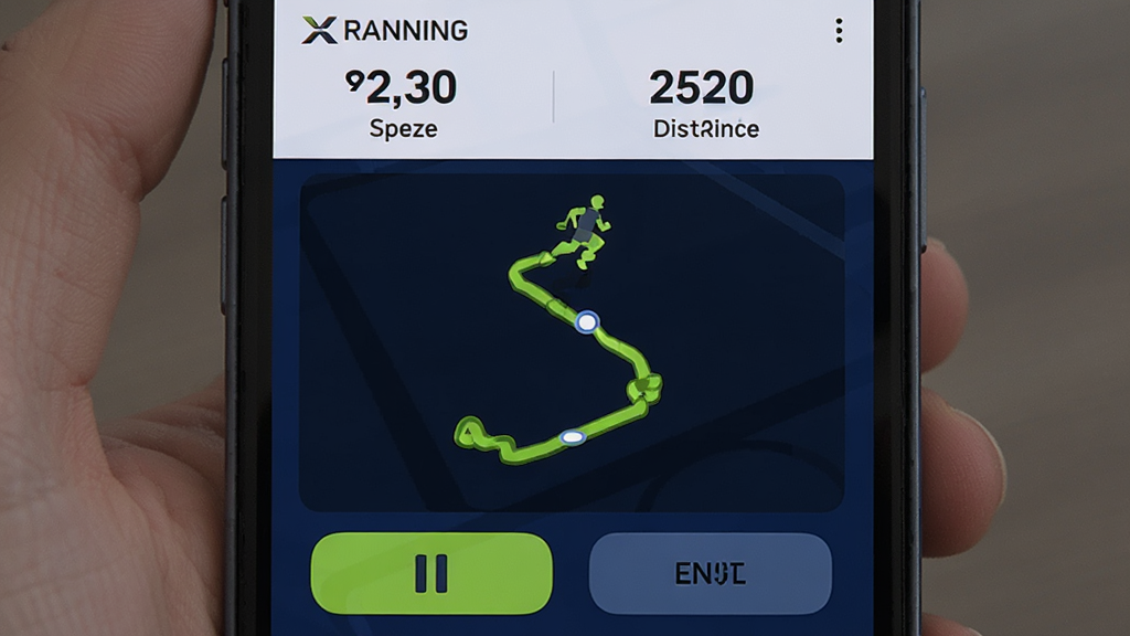 һ��XRunning�ܲ�����ʵʱ�˶�������ֻ���ͼ���������ֻ���������Ļ�Ϸ���ʾʵʱ���ٺ����ܾ��룬�м�����ɫ�����ϵ��ܲ��켣�������·�����ͣ�ͽ�����ť������˶���ǿ�ң���ɫ��������ӫ����Ϊ����ϸ�����������ʸɾ����޶���Ԫ��