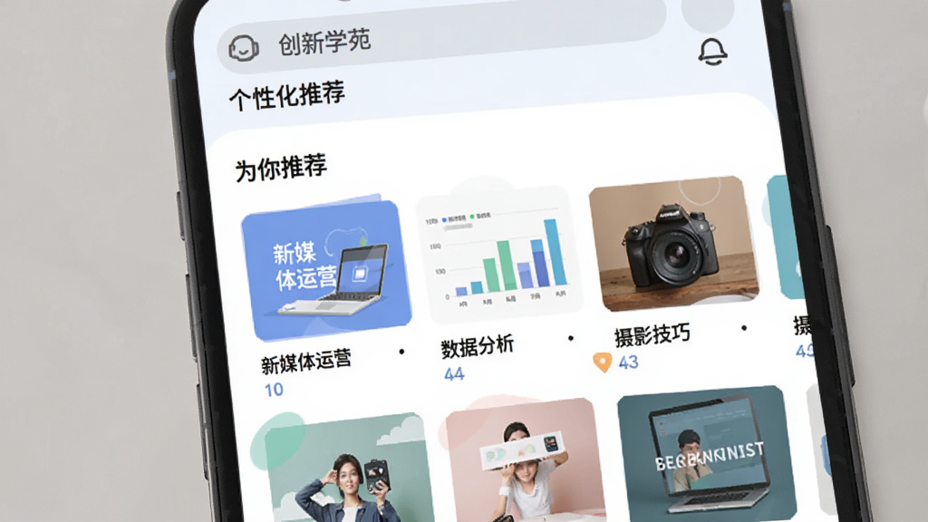 ����ѧԷ���Ի��Ƽ�ҳ�棬�ֻ���Ļ����ʾ��Ϊ���Ƽ�����飬�·������Ų�ͬ�γ̵ķ���ͼ����������ý����Ӫ���������ݷ�����������Ӱ���ɡ��ȣ����沼�����룬��ɫ��ͣ�������ֳ��ִ���ƽ����Ʒ��