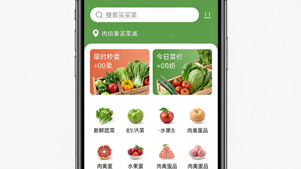 һ���ֻ���Ļչʾ�������APP����ҳ���棬���岼��Ϊ�����������Ͷ�λ��ַ���м�����ʱ��ɱ�ͽ��ղ˼�ģ�飬�·��������߲ˡ�ˮ�������ݵ�Ʒ�ķ���ͼ�����񣬽��������¼�࣬��ɫ��Ϊ����ɫ�Ͱ�ɫ��ϸ�����߲�ͼƬˮ�����ʣ����������ɾ����޶���Ԫ��