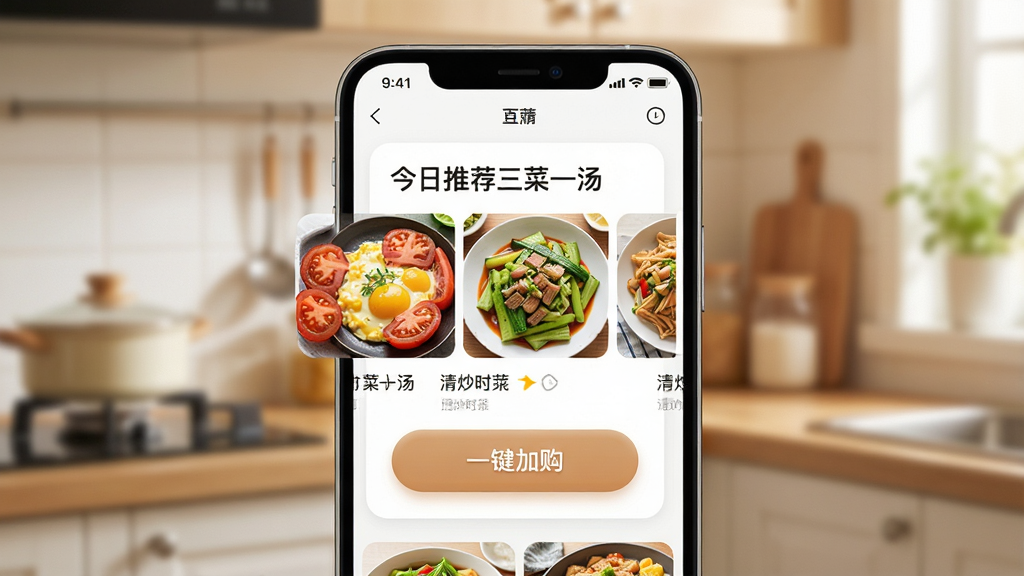 һ���������APP�����ܲ˵��Ƽ������ͼ������������һ���ֻ���Ļ����Ļ��չʾ�š������Ƽ�����һ�����Ŀ�Ƭ����Ƭ���з��ѳ������峴ʱ�ߵȲ�ƷͼƬ�͡�һ���ӹ�����ť��������ģ���ĳ��������������ܰ�����ϸ���ϰ�ťԲ�����ʸУ����ʸɾ�����