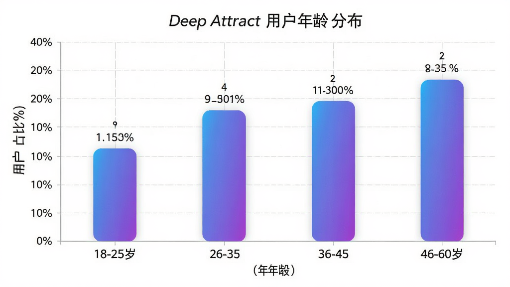 Deep Attract �û�����ֲ���״ͼ������Ϊ���ݿ��ӻ�ͼ��������Ϊ�����18-25�ꡢ26-35�ꡢ36-45�ꡢ46-60�꣬����Ϊ�û�ռ�Ȱٷֱȣ���״���������Ͻ�����ɫ��ÿ�������Ϸ���ע����ٷֱ���ֵ������Ϊ���к�����״ͼ�����Ϊ�ִ����ݱ�����ϸ�ڰ���ǳ��ɫ�����ߡ�Բ���������������������ǩ�����ʸ����޶���Ԫ��