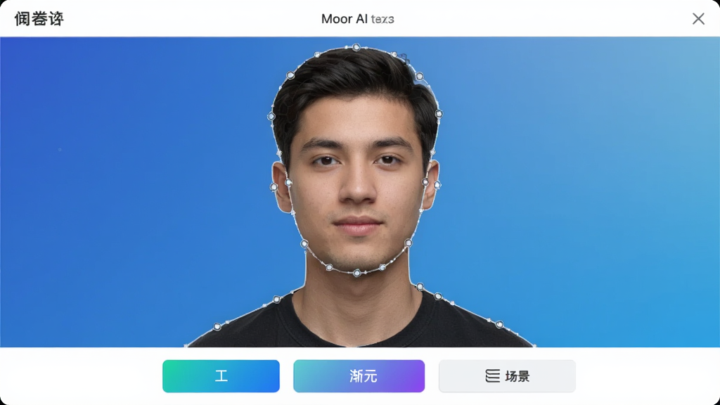 һ��Moor AI�����������ܵĲ��������ͼ��������һλ�������Ƭ�������ڱ�AI�Զ�ʶ���滻Ϊ��ɫ���䱳���������������Ե��ʾ�ž�ϸ��ѡ���������ײ��д�ɫ�����䡢������������ѡ���ǩ�����������ִ������ʸɾ������޶���Ԫ��
