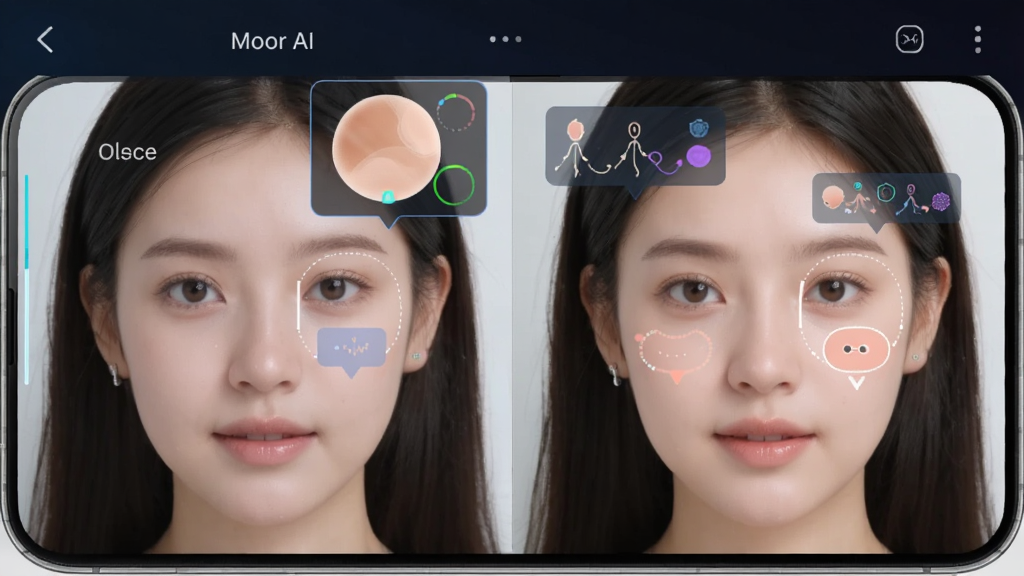 һ��չʾMoor AI���չ��ܵ��ֻ������ͼ��������һλ����Ů�Ե��沿��Ƭ���ڽ���AI���մ��������������ʾԭͼ�Ҳ���ʾ�������Ч������Ƭ�Ϸ������ŷ�ɫ����覴�ʶ���AI��ע��������Ƽ���ʮ�㣬����Ϊ��ɫ���䣬���ʸɾ������޶���Ԫ��