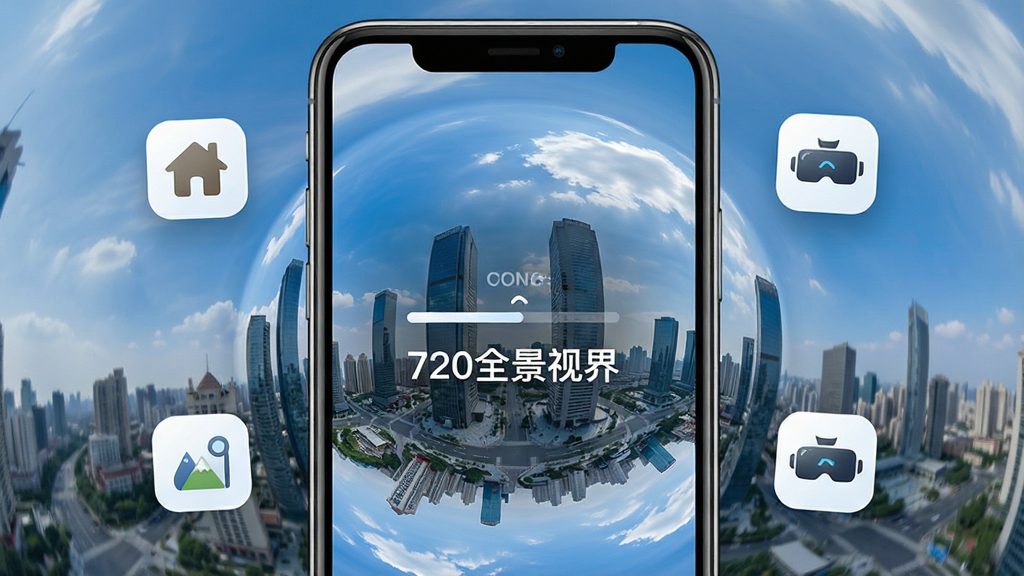 һ��չʾ�ֻ���Ļ�Ļ��棬��Ļ����ʾ��720ȫ���ӽ硱APP���������棬�����ǳ��и�¥��������Ƶ�720��ȫ��������ͼ�����������м��ļ��ؽ������������������֣��ֻ���ΧƯ���ż���Сͼ��������������Ρ�VR�۾����������ִ��Ƽ��У����������ɾ����޶���Ԫ��