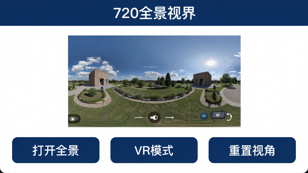 һ��AI���ɵ�ͼƬ�������С�720ȫ���ӽ硱APP�Ľ����ͼ��񣬲��ּ�࣬�������������ƣ��м���ȫ��ͼԤ�����ڣ��ײ���������ť�ֱ�д�š���ȫ��������VRģʽ�����������ӽǡ�������������ɫ�Ͱ�ɫΪ��ɫ�����Ű����룬����ƽ���������������ɾ��޶���Ԫ��