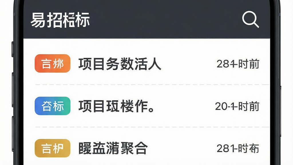 易招标信息聚合功能展示图,画面是一张手机截图风格的信息流界面,屏幕上方显示“易招标”标题和搜索图标,下方是整齐排列的招标信息卡片,每张卡片左侧有彩色地区标签,中间是项目标题文字,右侧是发布时间,卡片之间有淡淡的分割线,背景纯白,文字使用深灰色,整体排版清晰,画质干净,无多余装饰元素