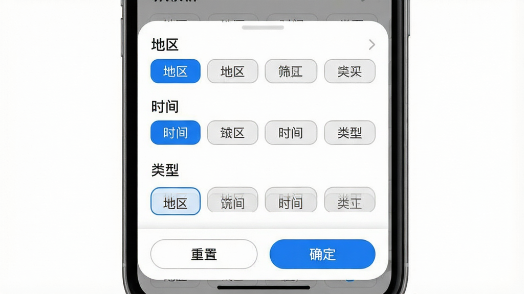 易招标筛选功能界面图,画面展示手机屏幕上的筛选面板,面板从底部弹出,包含“地区”“时间”“类型”三个筛选区块,每个区块有多个可点击的标签按钮,已选中的标签高亮显示为蓝色,未选中的为灰色边框,面板背景白色,圆角设计,底部有“重置”和“确定”两个按钮,整体布局规整,文字清晰,画质干净无多余元素