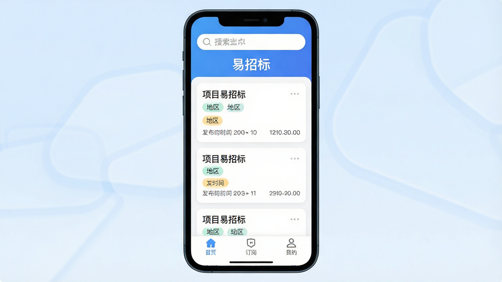 易招标应用主界面展示图,画面中央是手机屏幕,屏幕内显示易招标APP的首页,顶部有搜索栏和“易招标”文字标识,中部是招标信息卡片列表,卡片上有项目名称、地区标签、发布时间,底部有首页、订阅、我的三个导航图标,背景是干净的浅蓝色渐变,整体风格现代扁平,图标圆润,界面文字清晰,画质干净无多余元素