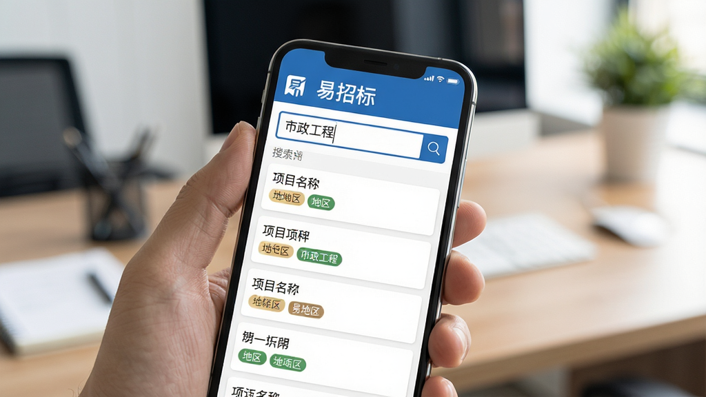 易招标手机端操作示意图,画面展示一只手拿着手机,手机屏幕上显示易招标的搜索界面,搜索框内有“市政工程”文字,下方是搜索结果列表,每条结果有项目名称和地区标签,背景是虚化的办公桌环境,风格写实,光线柔和,画质干净,重点突出手机屏幕内容