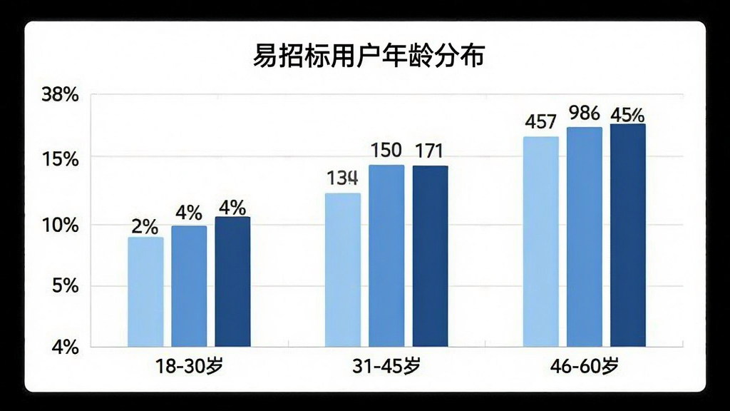 易招标用户年龄分布柱状图,画面是简洁的柱状图,横轴标注“18-30岁”“31-45岁”“46-60岁”三个年龄段,纵轴标注百分比,柱子颜色分别为浅蓝、中蓝、深蓝,每个柱子上方有具体数值标签,图表标题为“易招标用户年龄分布”,背景白色,网格线浅灰,整体风格现代简洁,画质干净无多余元素