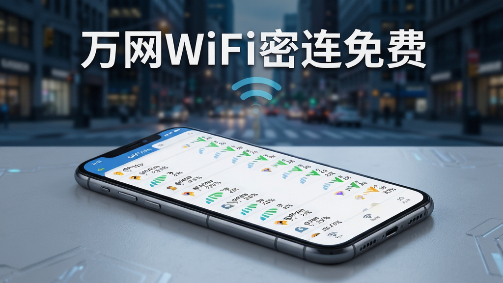 万网WiFi密连免费 功能展示图,画面中一部手机放置在桌面上,屏幕显示着密密麻麻的WiFi热点列表,每个热点旁边标有信号强度图标和连接成功率百分比,顶部有