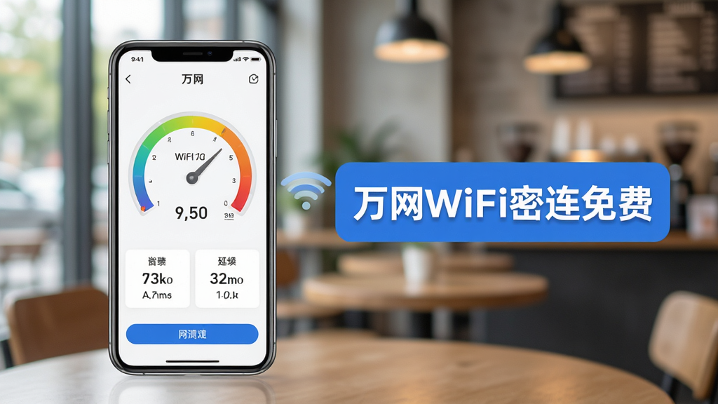 万网WiFi密连免费 网络测速功能展示,画面中手机屏幕显示着速度仪表盘和延迟数值,旁边有