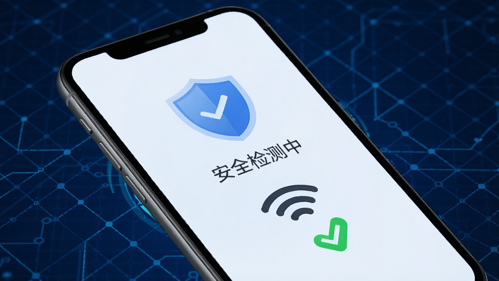 万网WiFi密连免费 安全检测界面,画面中一部手机屏幕显示着盾牌图标和