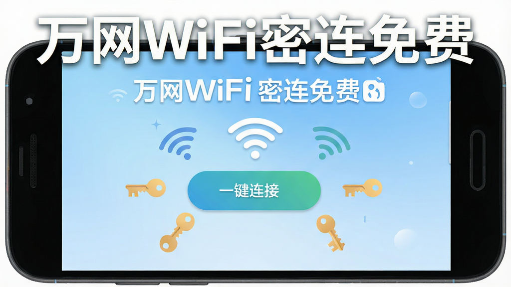 万网WiFi密连免费 手机应用主界面展示,画面中央是一部安卓手机,手机屏幕上显示着简洁的WiFi连接界面,顶部有醒目的