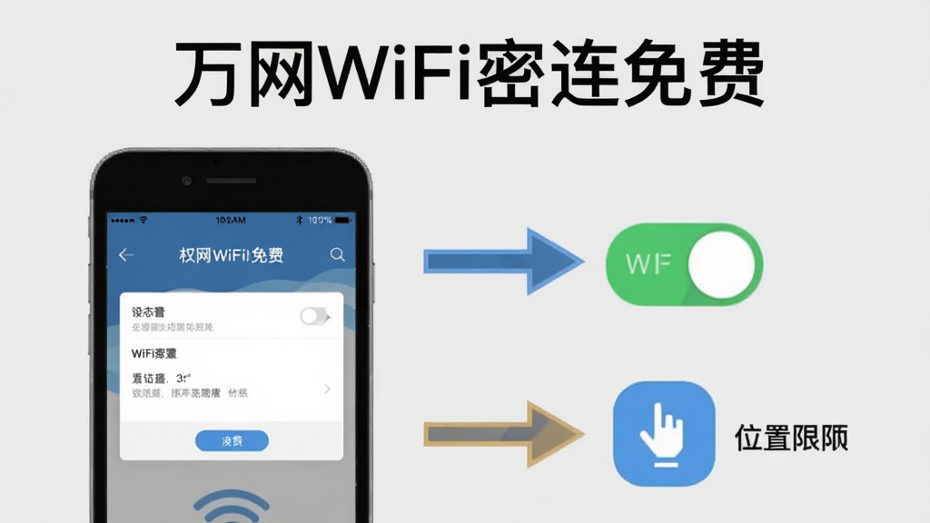 万网WiFi密连免费 使用教程示意图,画面中一部手机显示着权限设置界面,旁边有箭头指向WiFi开关和位置权限图标,顶部有