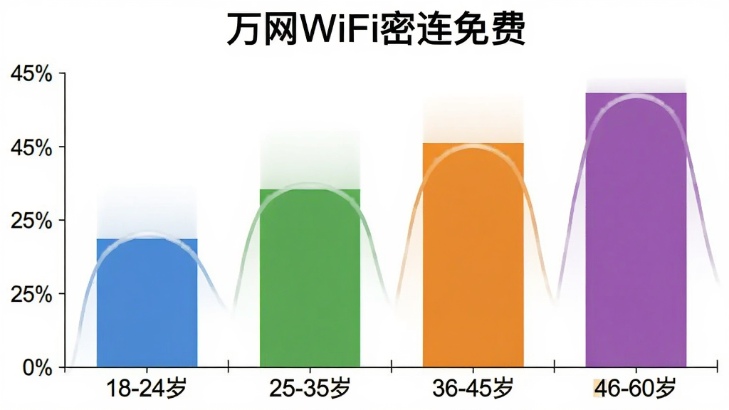 万网WiFi密连免费 用户年龄分布柱状图,画面中一个柱状图显示不同年龄段用户占比,横轴标注