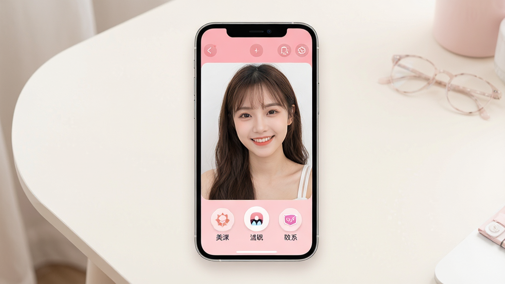 ����App������ȫòչʾ������������һ�������ֻ�����Ļ��ʾ����App�����ս��棬ȡ��������һλ΢Ц������Ů��������ײ������ա��˾�����ֽ��Բ��ͼ�갴ť������ɫ����ͷ��ۣ������Ǹɾ�����ǳɫ���棬��������������ִ����£�ϸ��Բ�󣬻��ʸɾ��޶���Ԫ�أ��߷ֱ���