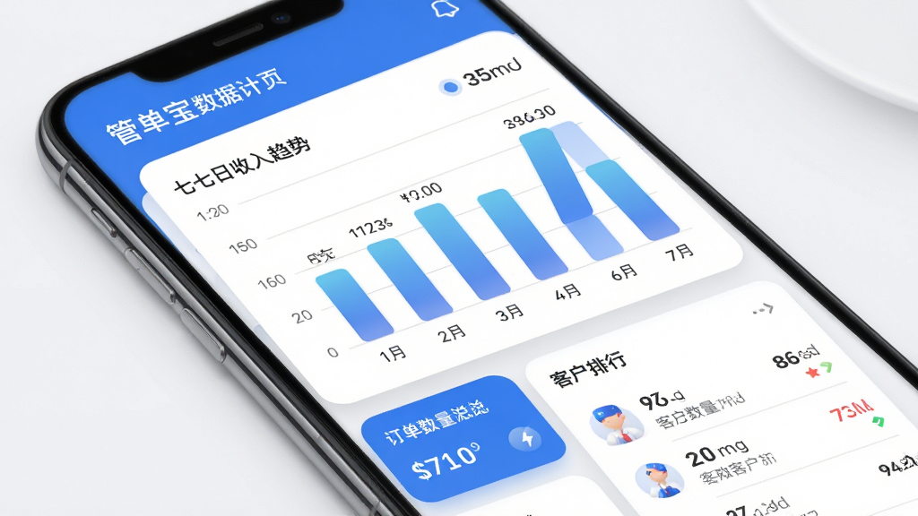 �ܵ�������ͳ��ҳ�棬�ֻ���Ļ��ʾ��״ͼչʾ�������������ƣ��·��ж����������ܿ�Ƭ�Ϳͻ������б�����״ͼʹ����ɫ�������ӣ�����Ϊ��ɫ��Ƭ�����������ɼ������������ݿ��ӻ����磬��ɫ���׻ң�ͼ��Բ������ǡ����ʸ��壬���ֿɶ���ǿ���޶��������߸��š�
