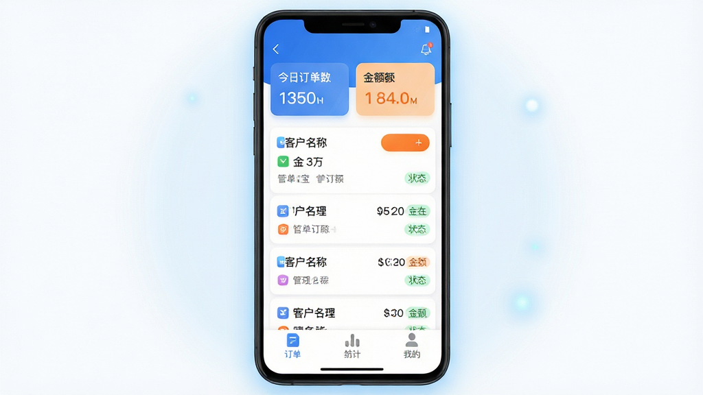 �ܵ���Ӧ��������չʾ������������һ����׿�ֻ�����Ļ��ʾ�ܵ���APP�Ķ����б�ҳ�棬�����н��ն������ͽ��ͳ�ƿ�Ƭ���м��������Ķ�����Ŀ�б���ÿ����ʾ�ͻ����ơ�����״̬��ǩ���ײ��������ж�����ͳ�ơ��ҵ�����ͼ�갴ť�����岼�ֲ��ÿ�Ƭʽ��ƣ�������ɫΪ������׺������ɫǿ����ť������ִ���ƽ��ͼ��Բ������ʹ���޳������������ɶ������ʸɾ��������޶���װ��Ԫ�أ��ֻ���Χ�е���ɫ���α�����ͻ��Ӧ�ý��汾����