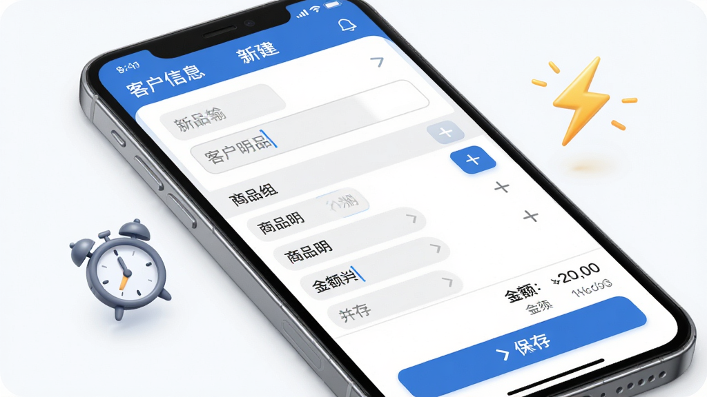 �ܵ�������¼�����ܽ��棬����չʾһ���ֻ���Ļ��д����Ļ����ʾ�½����������������ǿͻ���Ϣ������м�����Ʒ��ϸ�б����Ӻ����Ӱ�ť���ײ��ǽ����ܺͱ��水ť�������ֶ�������������е���ɫ��ʾ���֡��ֻ��Ա�Ư����һ��С����ͼ���������ţ���ʾ����¼�롣������������׻���ɫ��ϸ�ھ���Բ�󣬻��ʸ�������㣬�����ɾ���