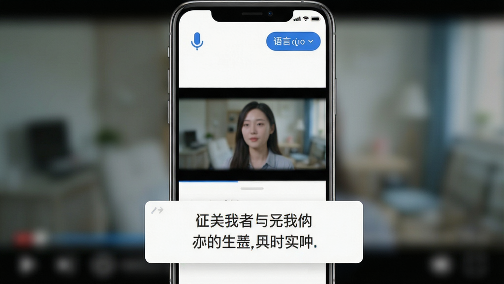 实时字幕软件安卓版主界面展示,手机屏幕中显示正在运行的实时字幕功能,视频播放画面下方浮动着清晰的中文识别文字,界面简洁现代,蓝白配色,顶部有麦克风图标和语言选择按钮,背景是模糊的视频画面,整体风格干净清爽,画质清晰,无多余元素