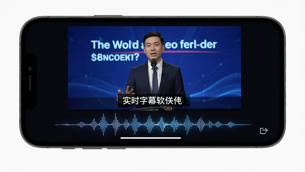 实时字幕软件功能展示,手机屏幕显示正在播放一段英文演讲视频,屏幕下方实时浮现中文字幕,界面有波浪形语音波形动画,背景为深色模式,文字为白色高亮,整体风格科技感十足,画质清晰,无多余元素