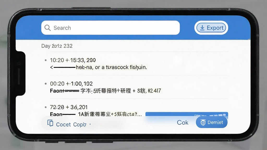 实时字幕软件历史记录界面展示,手机屏幕显示按日期分组的历史识别记录列表,每条记录有时间和文字预览,顶部有搜索框和导出按钮,底部有复制和删除操作栏,界面简洁明了,蓝白配色,画质清晰,无多余元素