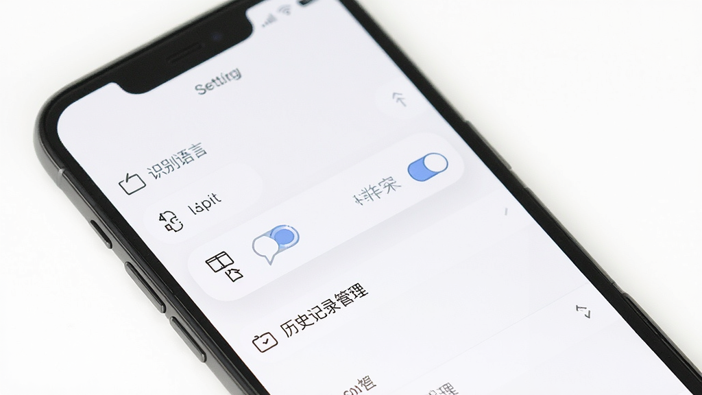 实时字幕软件设置界面展示,手机屏幕显示简洁的设置菜单,包含识别语言、悬浮窗开关、历史记录管理等选项,界面无广告横幅,背景为纯白色,图标为线性风格,整体干净清爽,画质清晰,无多余元素