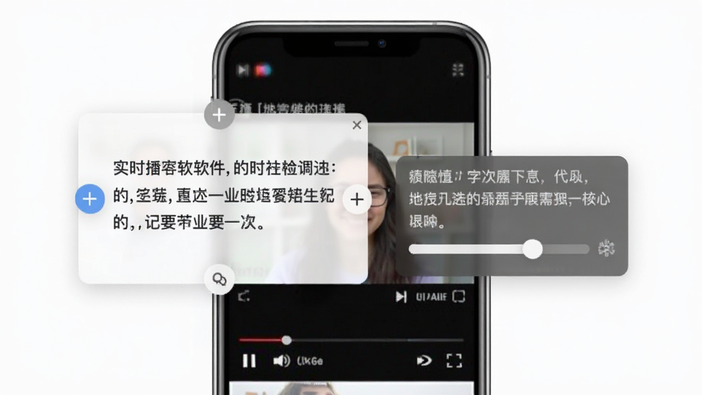 实时字幕软件悬浮窗功能演示,手机屏幕上同时打开视频播放器和悬浮字幕窗口,悬浮窗显示着正在识别的文字内容,窗口边缘有拖动按钮和透明度调节滑块,背景是视频播放界面,整体布局清晰,风格简洁实用,画质干净,无多余元素