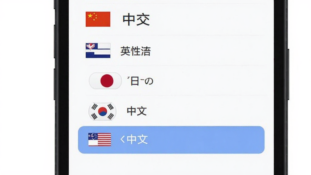 实时字幕软件语言选择界面展示,手机屏幕显示语言切换列表,包含中文、英语、日语、韩语等选项,每个选项前有对应的国旗图标,当前选中中文选项高亮显示,界面风格扁平化,配色柔和,画质清晰,无多余元素