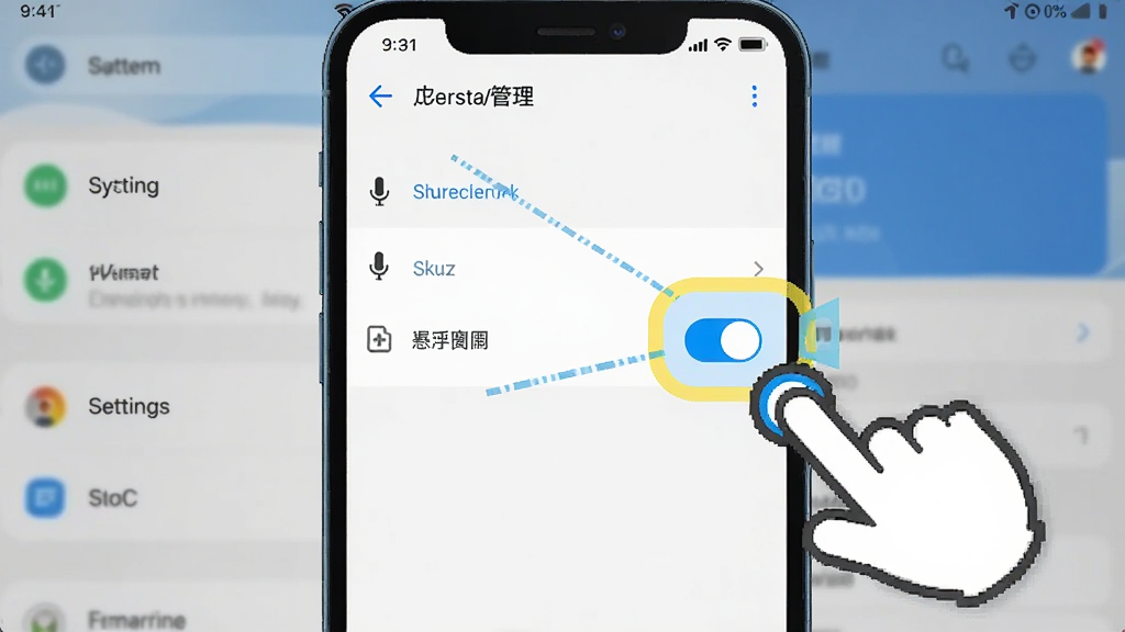 实时字幕软件权限设置操作示意图,手机屏幕显示应用权限管理页面,麦克风和悬浮窗权限开关被高亮标注,旁边有手指点击的图标示意,背景为系统设置界面,风格简洁明了,画质清晰,无多余元素